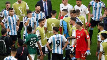 LUSAIL CITY, QATAR - NOVEMBER 22: Lionel Messi of Argentina and his team mates after the 1-2 defeat after the FIFA World Cup Qatar 2022 Group C match between Argentina and Saudi Arabia at Lusail Stadium on November 22, 2022 in Lusail City, Qatar. (Photo by Matthew Ashton - AMA/Getty Images)