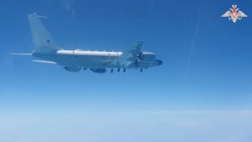 A view shows a British Royal Air Force RC-135W Rivet Joint reconnaissance aircraft that, according to the Russian Defense Ministry, was heading towards the Russian border over the neutral waters of the Black Sea along with two other British military aircraft and was intercepted by Russian fighter jets, in this still image taken from video released June 26, 2023. Russian Defence Ministry/Handout via REUTERS ATTENTION EDITORS - THIS IMAGE WAS PROVIDED BY A THIRD PARTY. NO RESALES. NO ARCHIVES. MANDATORY CREDIT.
