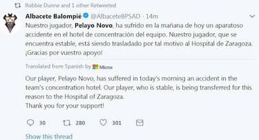 Albacete player 'stable' following third storey hotel fall