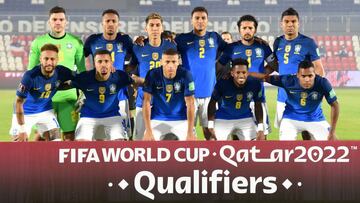 ASUNCION, PARAGUAY - JUNE 08: Players of Brazil pose before a match between Paraguay and Brazil as part of South American Qualifier for Qatar 2022 at Estadio Defensores del Chaco on June 08, 2021 in Asuncion, Paraguay. (Photo by Christian Alvarenga/Getty 