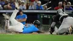 Miami Marlin's third baseman, Jonah Bride (41), scores against the New York Yankees.