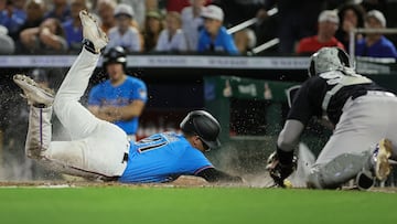 Miami Marlin's third baseman, Jonah Bride (41), scores against the New York Yankees.