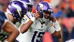 Nov 19, 2023; Denver, Colorado, USA; Minnesota Viking quarterback Joshua Dobbs (15) reacts against the Denver Broncos in the fourth quarter at Empower Field at Mile High. Mandatory Credit: Ron Chenoy-USA TODAY Sports