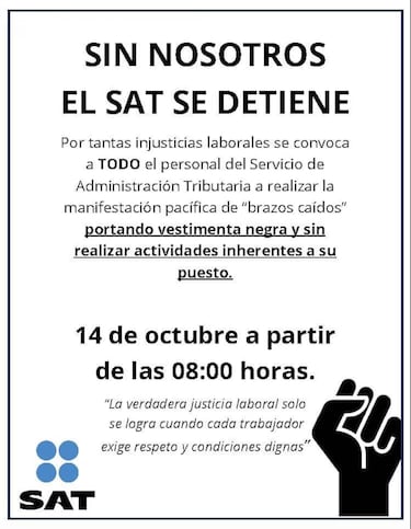 SAT se va a paro nacional, trabajadores convocan a marcha: cuándo y a qué hora