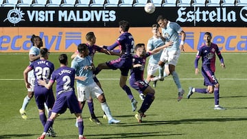 VIGO, SPAIN - FEBRUARY 28: Jeison Murillo of Celta Vigo scores their sides first goal during the La Liga Santander match between RC Celta and Real Valladolid CF at Abanca-Balaídos on February 28, 2021 in Vigo, Spain. Sporting stadiums around Spain