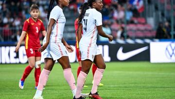 Marie Antoinette KATOTO of France and Kadidiatou DIANI of France during the Friendly match between France and Vietnam at Source Stadium on July 1, 2022 in Orleans, France. (Photo by Anthony Dibon/Icon Sport via Getty Images)