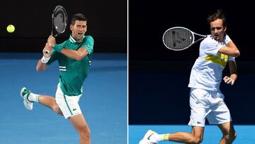 (COMBO) This combination photo created on February 19, 2021 shows Serbia&#039;s Novak Djokovic hitting a return during his men&#039;s singles quarter-final match at the Australian Open tennis tournament in Melbourne on February 16, 2021 (L) and Russia&#03