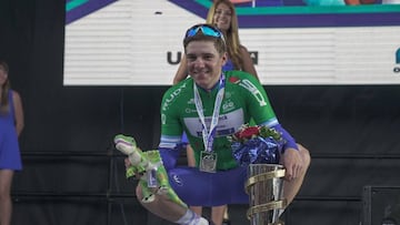 El belga Remco Evenepoel, de Quick-Step, celebra la victoria en la categor&iacute;a Sub-23 de la Vuelta a San Juan.