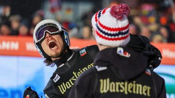 Willingen (Germany), 03/02/2024.- Johann Andre Forfang of Norway celebrates with teammates after winning the men's large hill second round of the FIS Ski Jumping World Cup in Willingen, Germany, 03 February 2024. (Alemania, Noruega) EFE/EPA/CHRISTOPHER NEUNDORF