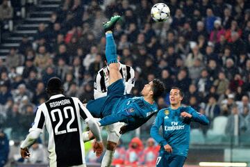 Cristiano Ronaldo scores his sides second goal during the UEFA Champions League Quarter Final against Juventus. (0-2)