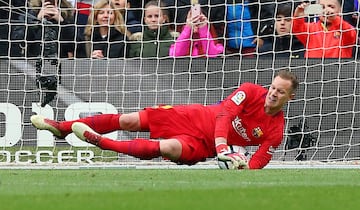 Gol 2-1 Parejo de penalti. Ter Stegen acertó el lado del lanzamiento desde los once metros, pero no atajó bien la pelota y se le coló por debajo