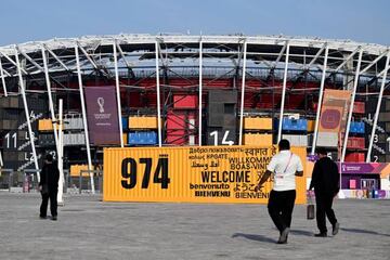 Members of the workforce personnel arrive at the Stadium 974 in Doha on November 19, 2022, ahead of the Qatar 2022 World Cup football tournament. (Photo by MIGUEL MEDINA / AFP) (Photo by MIGUEL MEDINA/AFP via Getty Images)