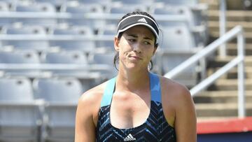MONTREAL, QC - AUGUST 10: Garbine Muguruza of Spain reacts after losing a point during her Womens Singles match against Katerina Siniakova of the Czech Republic on Day Two of the National Bank Open presented by Rogers at IGA Stadium on August 10, 2021 in Montreal, Canada. Minas Panagiotakis/Getty Images/AFP
== FOR NEWSPAPERS, INTERNET, TELCOS & TELEVISION USE ONLY ==
