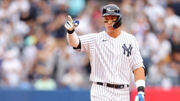 BRONX, NEW YORK - APRIL 15: Aaron Judge #99 of the New York Yankees reacts after hitting a double in the fifth inning against the Minnesota Twins at Yankee Stadium on April 15, 2023 in Bronx, New York. All players are wearing the number 42 in honor of Jackie Robinson Day. Mike Stobe/Getty Images/AFP (Photo by Mike Stobe / GETTY IMAGES NORTH AMERICA / Getty Images via AFP)