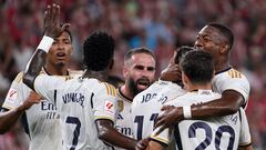 Real Madrid's Brazilian forward #11 Rodrygo celebrates scoring the opening goal during the Spanish Liga football match between Athletic Bilbao and Real Madrid at the San Mames stadium in Bilbao on August 12, 2023. (Photo by CESAR MANSO / AFP)