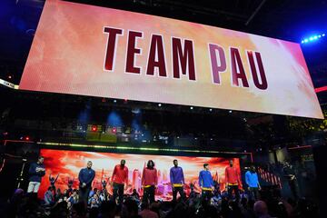 Team Pau: Brandon Miller, Jabari Smith Jr., Victor Wembanyama, Jaime Jaquez Jr., Brandin Podziemski, Cason Wallace y Bilal Coulibaly.
