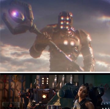 Arriba, su aspecto en Guardianes de la Galaxia. Abajo, una burla a los mismos con un camarero similar en Thor Ragnarok.