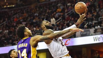 Dec 17, 2016; Cleveland, OH, USA; Cleveland Cavaliers forward LeBron James (23) drives to the basket against Los Angeles Lakers forward Brandon Ingram (14) during the second half at Quicken Loans Arena. The Cavs won 119-108. Mandatory Credit: Ken Blaze-USA TODAY Sports