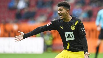 Soccer Football - Bundesliga - FC Augsburg v Borussia Dortmund - WWK Arena, Augsburg, Germany - September 26, 2020 Borussia Dortmund's Jadon Sancho reacts Christof Stache/Pool via REUTERS DFL regulations prohibit any use of photographs as image s