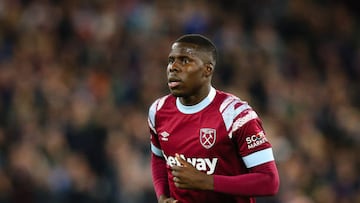 LONDON, ENGLAND - OCTOBER 24: Kurt Zouma of West Ham United looks on during the Premier League match between West Ham United and AFC Bournemouth at London Stadium on October 24, 2022 in London, United Kingdom. (Photo by Craig Mercer/MB Media/Getty Images)