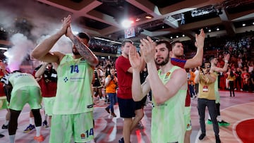 Players of Barcelona greet their supporters after losing the Euroleague playoff game 5 basketball match between AS Monaco and FC Barcelona, in Monaco, 06 May 2025.