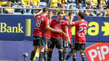 Iago Aspas celebra con Jorgen Strand Larsen, Tadeo Allende, Manu Sánchez y Javier Manquillo su gol en Cádiz.