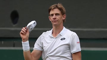 South Africa&#039;s Kevin Anderson reacts after winning against US player John Isner during the final set tie-break of their men&#039;s singles semi-final match on the eleventh day of the 2018 Wimbledon Championships at The All England Lawn Tennis Club in