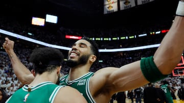 May 27, 2023; Miami, Florida, USA; Boston Celtics guard Derrick White (9) celebrates with forward Jayson Tatum (0) after defeating the Miami Heat in game six of the Eastern Conference Finals for the 2023 NBA playoffs at Kaseya Center. Mandatory Credit: Sam Navarro-USA TODAY Sports