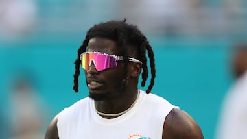 MIAMI GARDENS, FLORIDA - SEPTEMBER 25: Tyreek Hill #10 of the Miami Dolphins looks on prior to playing the Buffalo Bills at Hard Rock Stadium on September 25, 2022 in Miami Gardens, Florida. Megan Briggs/Getty Images/AFP