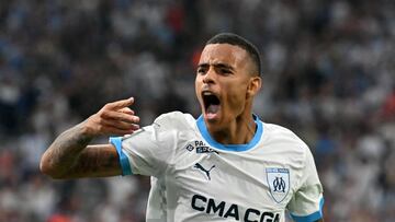 Marseille's English forward #10 Mason Greenwood celebrates after scoring his team's second goal during the French L1 football match between Olympique Marseille (OM) and Stade de Reim at Stade Velodrome in Marseille, southern France on August 25, 2024. (Photo by Miguel MEDINA / AFP)