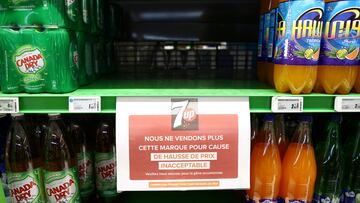 A sign reading "We are no longer selling this brand due to unacceptable price increases. We apologize for the inconvenience caused." is seen on a shelf for PepsiCo product 7up at a Carrefour hypermarket in Paris, France, January 4, 2024.  REUTERS/Stephanie Lecocq