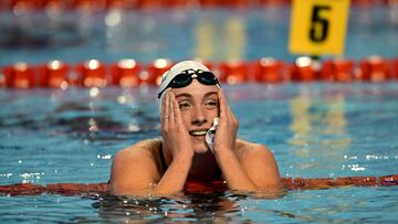 Anastasiia Kirpichnikova of France reacts after winning the Women's 800m Freestyle final at the European Short Course Swimming Championships in Otopeni, Bucharest, on December 6, 2023. (Photo by Daniel MIHAILESCU / AFP)