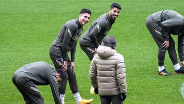 Giménez y Suárez durante un entrenamiento del Atlético.