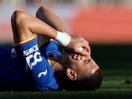 Getafe's Morroccan defender #03 Abdelkabir Abqar reacts after being hit during the Spanish league football match between Getafe CF and Villarreal CF at Coliseum Alfonso Perez Stadium in Getafe on February 14, 2026. (Photo by Oscar DEL POZO / AFP)