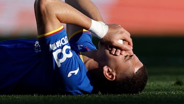Getafe's Morroccan defender #03 Abdelkabir Abqar reacts after being hit during the Spanish league football match between Getafe CF and Villarreal CF at Coliseum Alfonso Perez Stadium in Getafe on February 14, 2026. (Photo by Oscar DEL POZO / AFP)