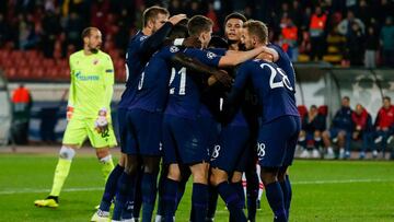 Tottenham Hotspur's players celebrate after scoring a goal during the UEFA Champions League Group B football match between Red Star Belgrade (Crvena Zvezda) and Tottenham Hotspur at the Rajko Mitic stadium in Belgrade, on November 6, 2019. (Photo by