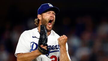 LOS ANGELES, CALIFORNIA - APRIL 18: Clayton Kershaw #22 of the Los Angeles Dodgers reacts after making the third out against the New York Mets in the seventh inning at Dodger Stadium on April 18, 2023 in Los Angeles, California.   Ronald Martinez/Getty Images/AFP (Photo by RONALD MARTINEZ / GETTY IMAGES NORTH AMERICA / Getty Images via AFP)