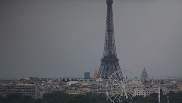 A general view of the Eiffel Tower during the opening ceremony of the Paris 2024 Olympic Games in Paris on July 26, 2024. (Photo by ROMAIN PERROCHEAU / AFP)