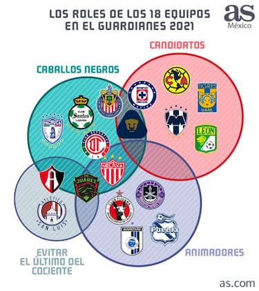 Los roles de los 18 equipos en la Liga MX