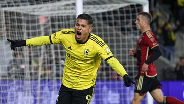 Nov 1, 2023; Columbus, Ohio, USA; Columbus Crew forward Cucho Hernández (9) celebrates scoring a goal against Atlanta United during the first half of game one in a round one match of the 2023 MLS Cup Playoffs at Lower.com Field. Mandatory Credit: Trevor Ruszkowski-USA TODAY Sports