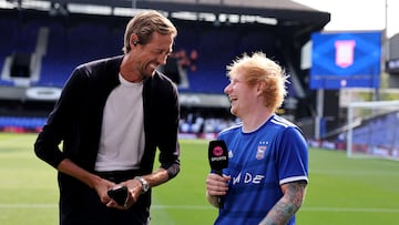 Days after appearing on stage with Taylor Swift on The Eras Tour, Sheeran is in the stands for Ipswich’s Premier League game against The Reds.