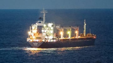 FILE PHOTO: The Sierra Leone-flagged cargo ship Razoni, carrying Ukrainian grain, is seen in the Black Sea off Kilyos, near Istanbul, Turkey August 2, 2022. REUTERS/Yoruk Isik/File Photo