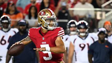 SANTA CLARA, CALIFORNIA - AUGUST 19: Trey Lance #5 of the San Francisco 49ers looks to pass during the second half of a preseason game against the Denver Broncos at Levi's Stadium on August 19, 2023 in Santa Clara, California.   Loren Elliott/Getty Images/AFP (Photo by Loren Elliott / GETTY IMAGES NORTH AMERICA / Getty Images via AFP)