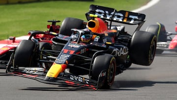 Formula One F1 - Mexico City Grand Prix - Autodromo Hermanos Rodriguez, Mexico City, Mexico - October 29, 2023 Red Bull's Sergio Perez crashes at the first corner of the race after contact with Ferrari's Charles Leclerc REUTERS/Henry Romero TPX IMAGES OF THE DAY