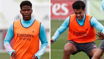 Los juveniles Marvel y Víctor Rofino, en el entrenamiento del primer equipo del Real Madrid de este miércoles.
