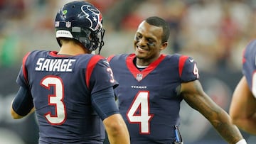 HOUSTON, TX - AUGUST 19: Tom Savage #3 of the Houston Texans i congratulated by Deshaun Watson #4 after throwin a touchdown pass in the first quarter at NRG Stadium on August 19, 2017 in Houston, Texas. Bob Levey/Getty Images/AFP
== FOR NEWSPAPERS, INTERNET, TELCOS & TELEVISION USE ONLY ==