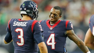 HOUSTON, TX - AUGUST 19: Tom Savage #3 of the Houston Texans i congratulated by Deshaun Watson #4 after throwin a touchdown pass in the first quarter at NRG Stadium on August 19, 2017 in Houston, Texas.   Bob Levey/Getty Images/AFP
 == FOR NEWSPAPERS, INTERNET, TELCOS &amp; TELEVISION USE ONLY ==