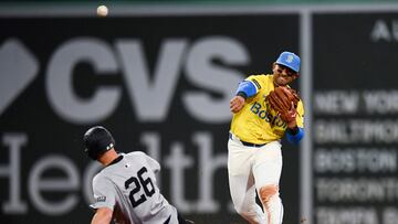 BOSTON, MASSACHUSETTS - JUNE 15: Jamie Westbrook #73 of the Boston Red Sox (R) throws the ball to attempt a double player after getting the out on DJ LeMahieu #26 of the New York Yankees during the fifth inning at Fenway Park on June 15, 2024 in Boston, Massachusetts. Jaiden Tripi/Getty Images/AFP (Photo by Jaiden Tripi / GETTY IMAGES NORTH AMERICA / Getty Images via AFP)
