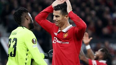 Soccer Football - Europa League - Group E - Manchester United v Omonia - Old Trafford, Manchester, Britain - October 13, 2022 Manchester United's Cristiano Ronaldo reacts REUTERS/Phil Noble