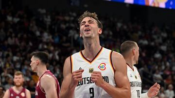 Germany's Franz Wagner (C) reacts during the FIBA Basketball World Cup quarter-final match between Germany and Latvia at the Mall of Asia Arena in Manila on September 6, 2023. (Photo by JAM STA ROSA / AFP)